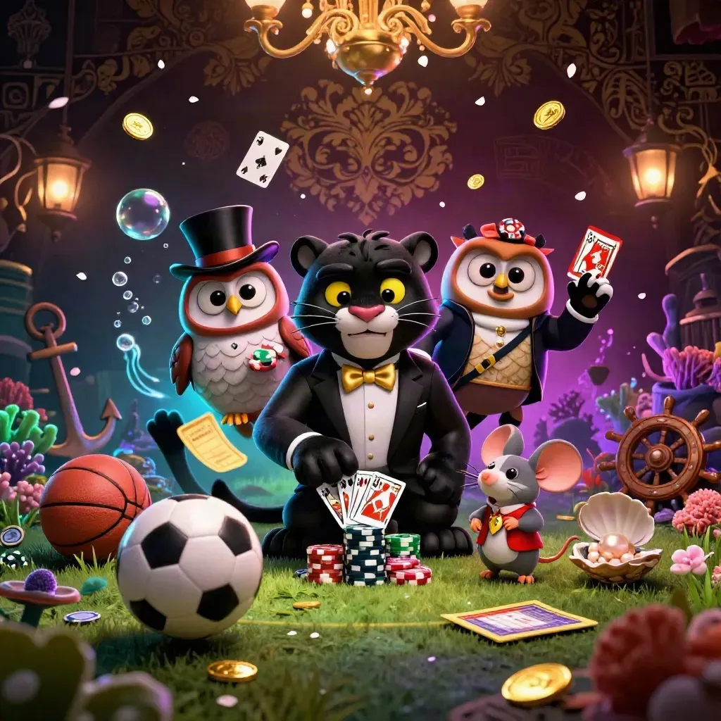 Panther, owl and mouse amid casino sports props, gold coins, coral glow and neon light.