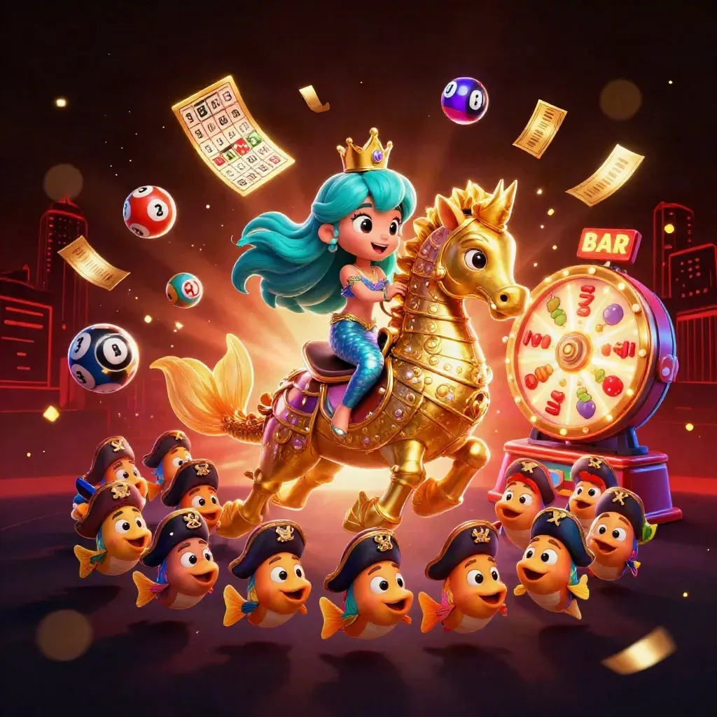 Mermaid princess on armored seahorse with pirate fish, neon casino symbols bursting around her.