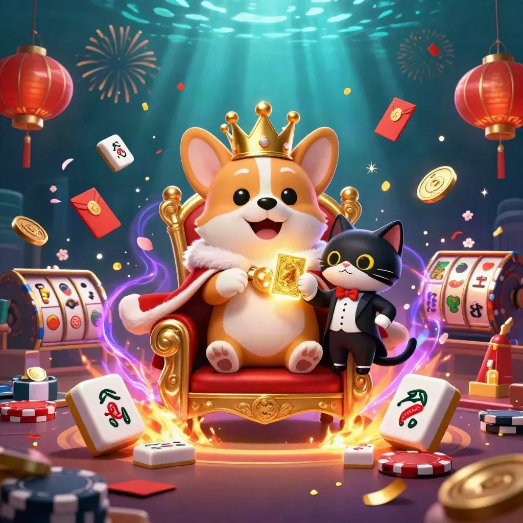 Royal corgi king and cat butler amid casino treasures, lanterns, fireworks, and glowing slot symbols.