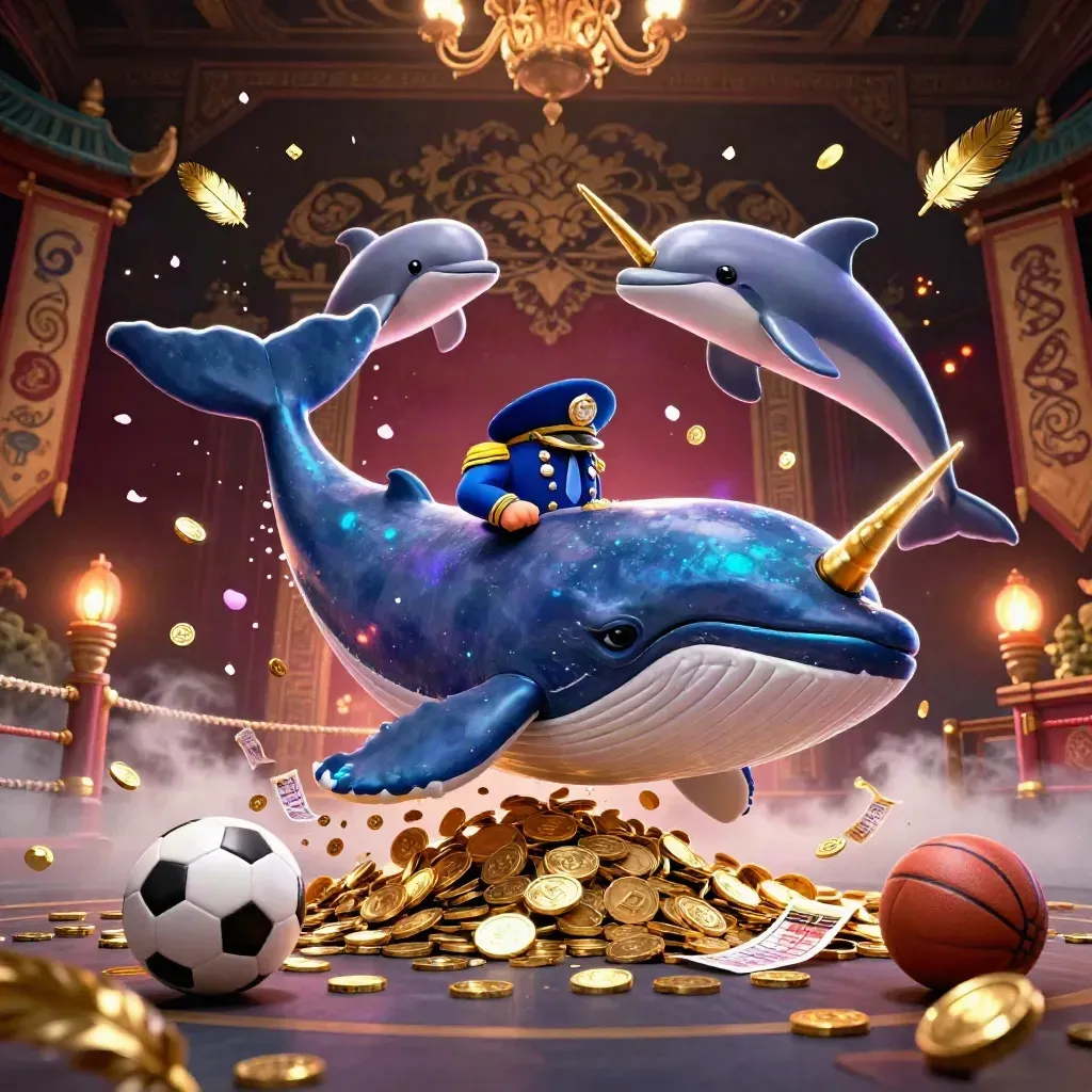 Captain whale, narwhal, and dolphins erupt through coins under neon casino light.
