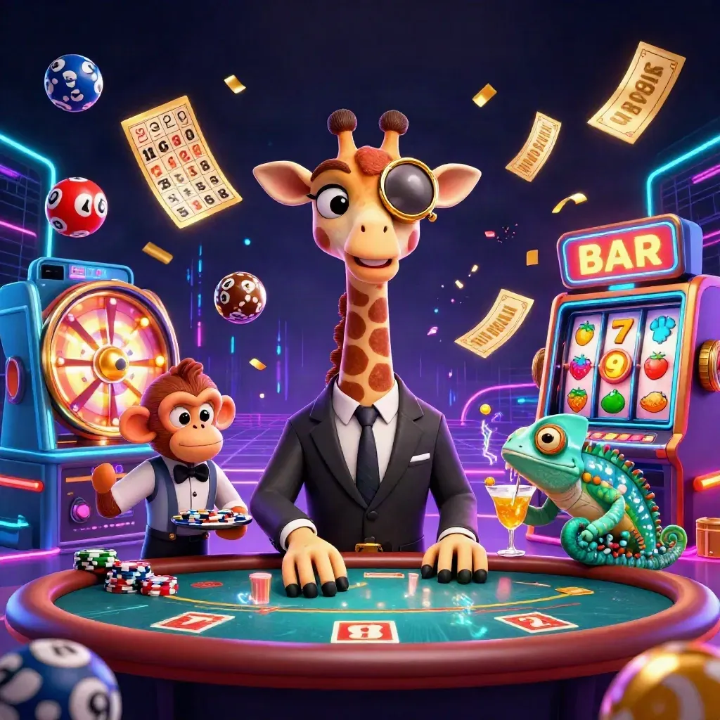 Giraffe high roller, monkey valet, and chameleon bartender amid neon casino treasure bursts.