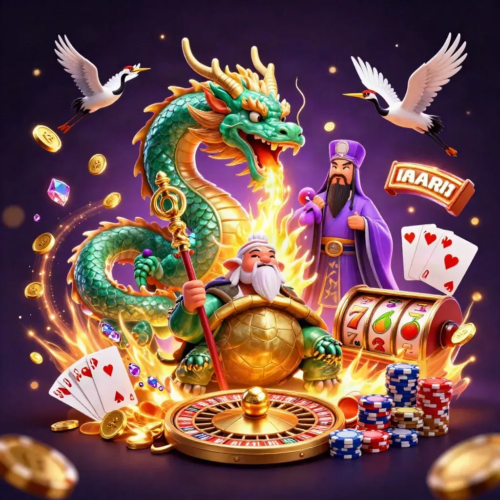 Emerald dragon, turtle sage, and cranes amid casino treasure bursts and neon energy