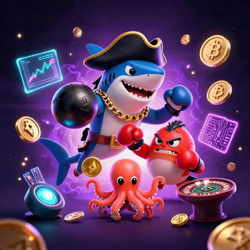 Pirate shark, boxing pufferfish, and coin-juggling octopus amid neon casino energy and gold sparks.