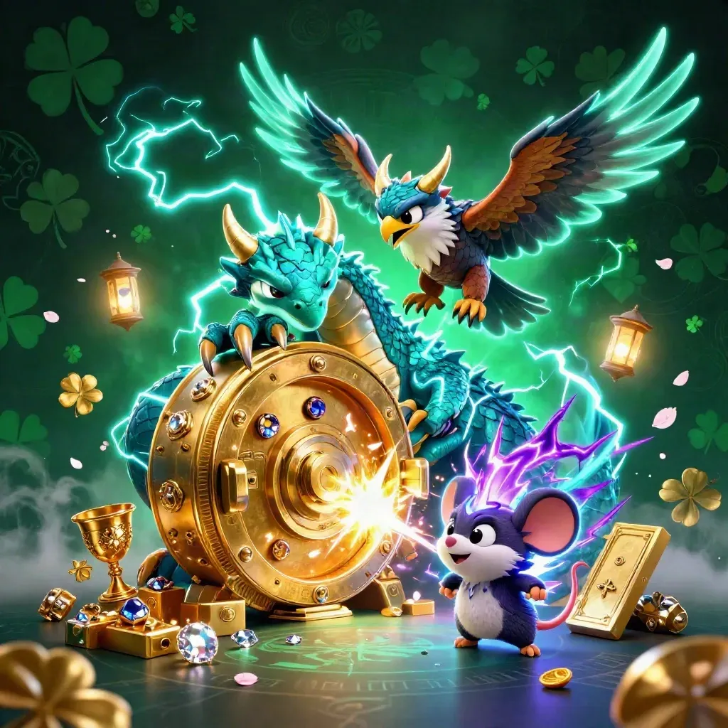 Thunder dragon, hawk, and mouse burst from a treasure vault in neon cyan light.