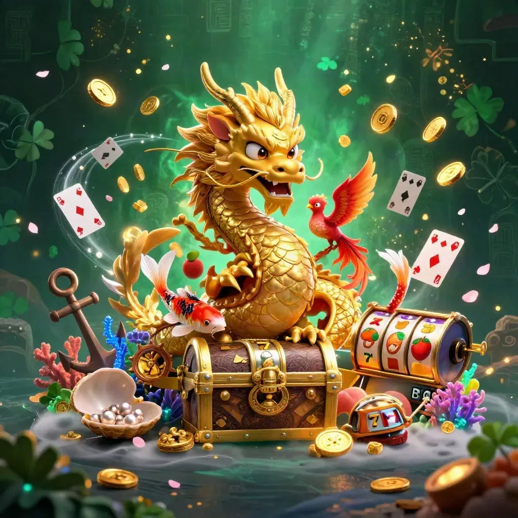 Golden dragon and phoenix burst from treasure chest amid coins, coral, cards, and fireworks.