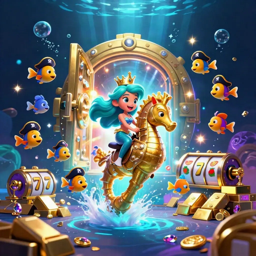Mermaid princess on armored seahorse with pirate fish, treasure vault, gold, gems, and glowing slot symbols.