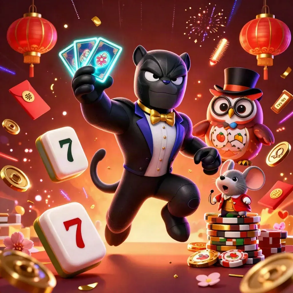 Panther, owl and mouse deal glowing casino cards amid coins, lanterns and neon bursts