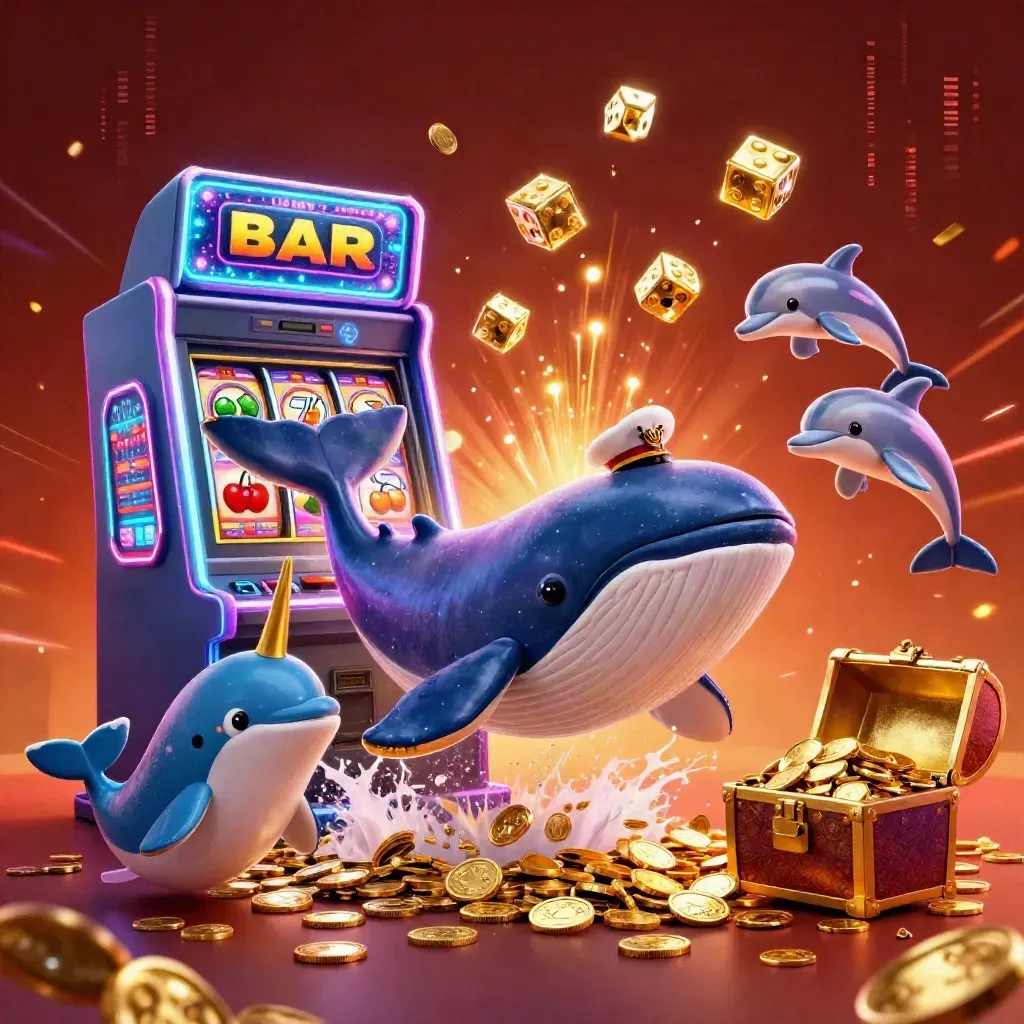 Whale captain, narwhal, dolphins, slot machine, coins, neon casino action scene