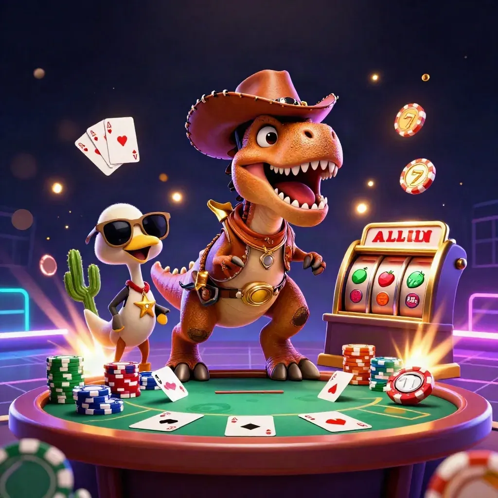Cowboy T-Rex, cactus sidekick, and sheriff roadrunner around poker chips and glowing slot reels